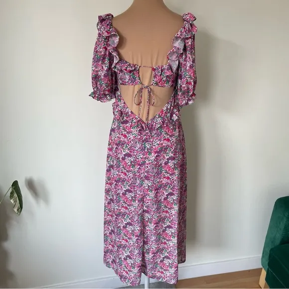 For Love &amp; Lemons Katarina Pink Purple Floral Open Back Ruffle Midi Dress Size S