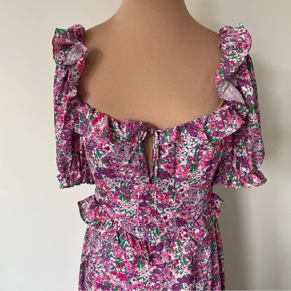 For Love &amp; Lemons Katarina Pink Purple Floral Open Back Ruffle Midi Dress Size S
