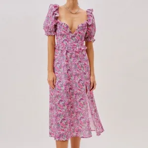 For Love &amp; Lemons Katarina Pink Purple Floral Open Back Ruffle Midi Dress Size S