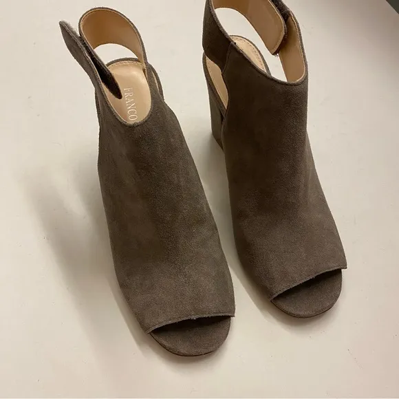 Franco Fortini brown Lisa leather suede block heel open toe pump shoes booties 9