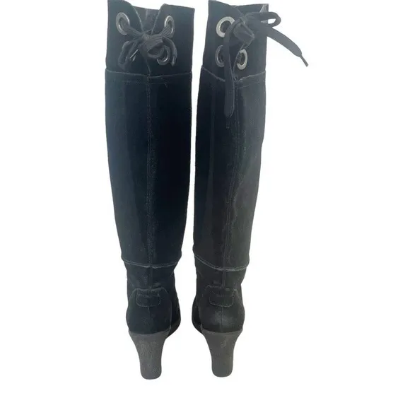 Franco Sarto Womens Black Suede Wedge Boots Sz 7M Knee High Tie Back Fall Winter