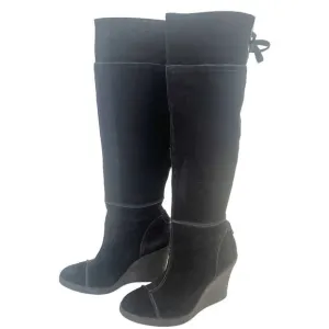 Franco Sarto Womens Black Suede Wedge Boots Sz 7M Knee High Tie Back Fall Winter