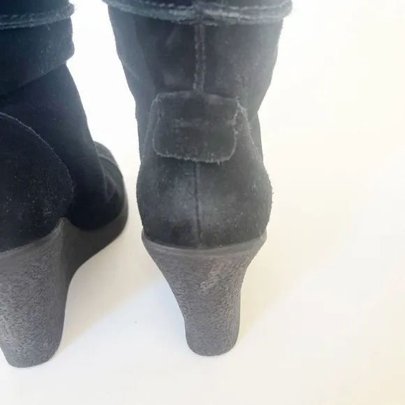 Franco Sarto Womens Black Suede Wedge Boots Sz 7M Knee High Tie Back Fall Winter