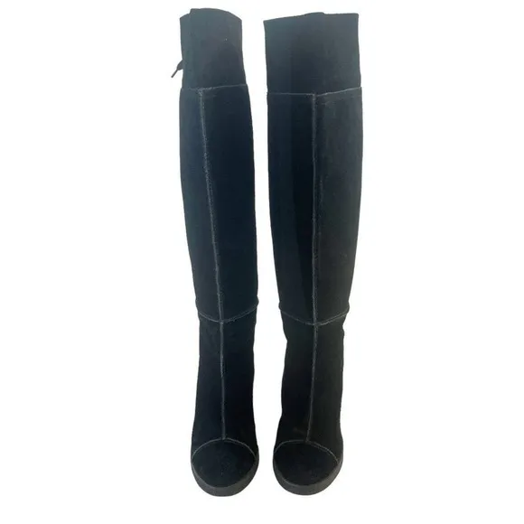 Franco Sarto Womens Black Suede Wedge Boots Sz 7M Knee High Tie Back Fall Winter