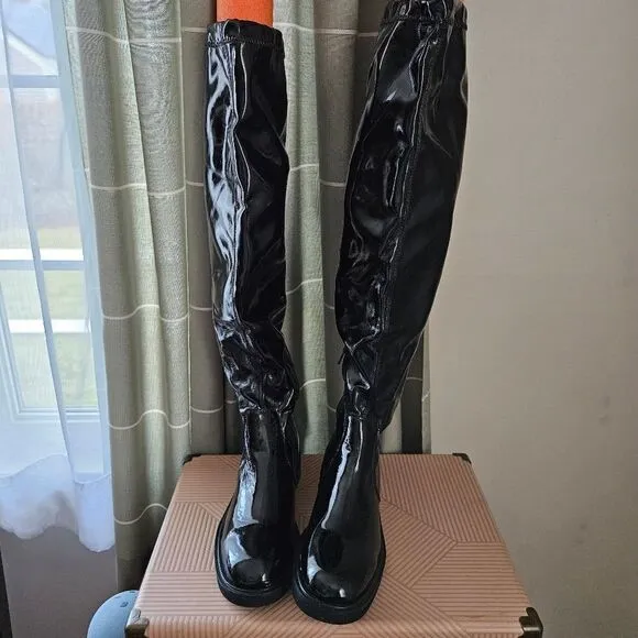 Free People Boots Over The Knee Go Go Gloss Black Patent Leather Casual Neutral
