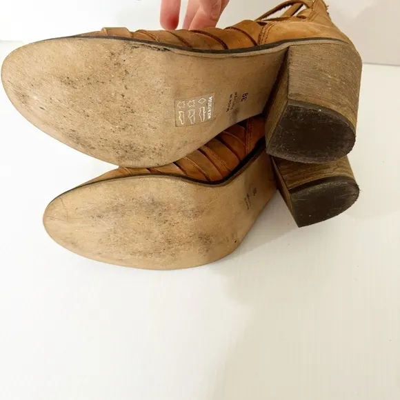 Free People Brown Hybrid Block Heel Ankle Strappy Leather Boots 38 EU or 7.5 US