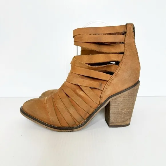 Free People Brown Hybrid Block Heel Ankle Strappy Leather Boots 38 EU or 7.5 US