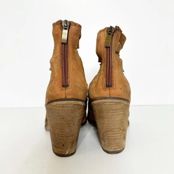 Free People Brown Hybrid Block Heel Ankle Strappy Leather Boots 38 EU or 7.5 US
