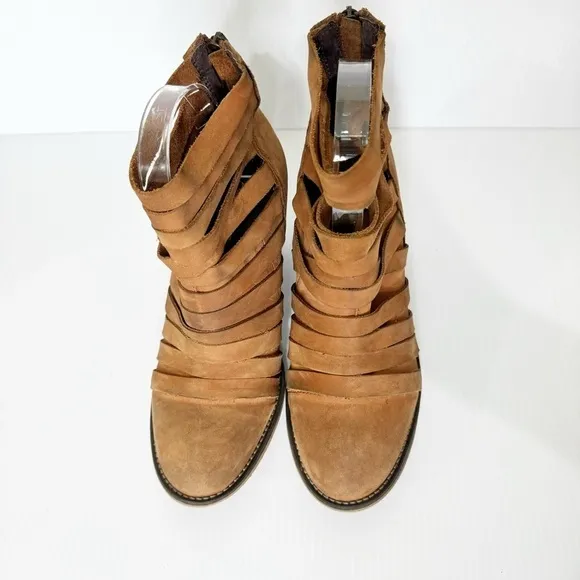 Free People Brown Hybrid Block Heel Ankle Strappy Leather Boots 38 EU or 7.5 US