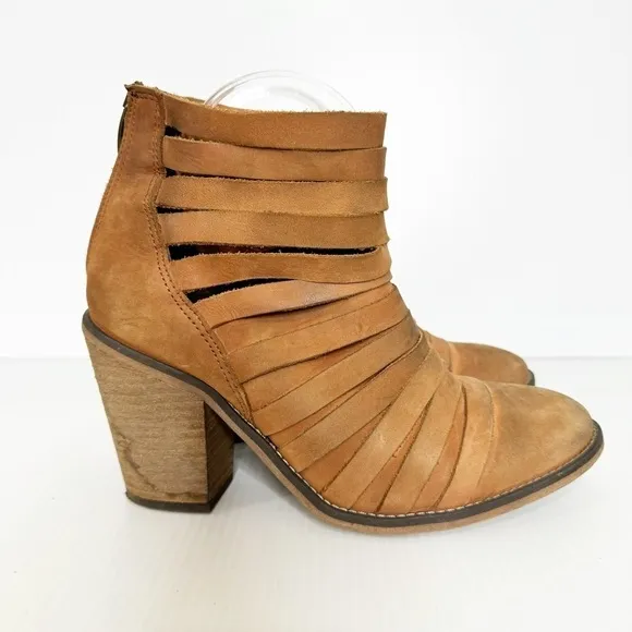 Free People Brown Hybrid Block Heel Ankle Strappy Leather Boots 38 EU or 7.5 US