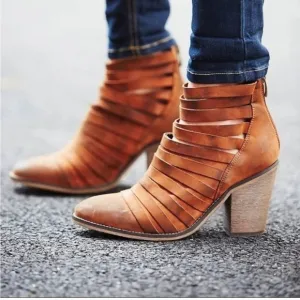 Free People Brown Hybrid Block Heel Ankle Strappy Leather Boots 38 EU or 7.5 US