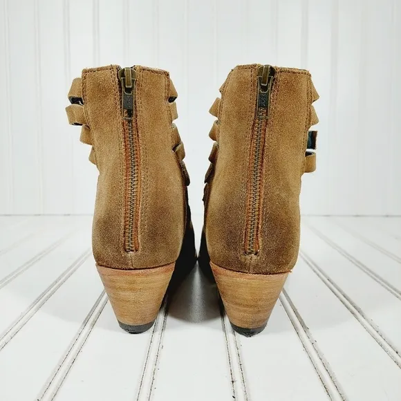 Free People Brown Suede Pointed Toe Straps Back Zip Block Heel Ankle Boots E366