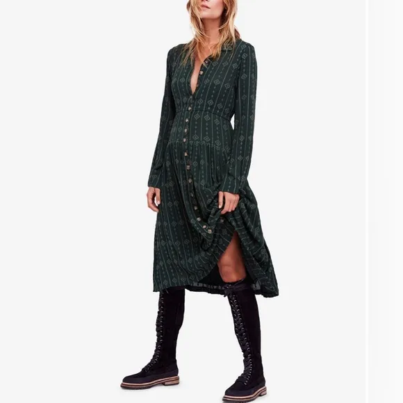Free People Diamond Head Embroidered Dress, Green Large
