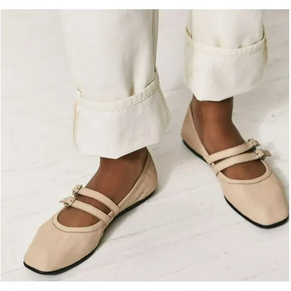 Free People Gemini Leather Ballet Flats Tan Pink Shoes Size 8