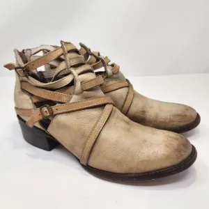 Freebird Women Stair Tan Leather Ankle Boots Booties Size 9M Distressed Strappy