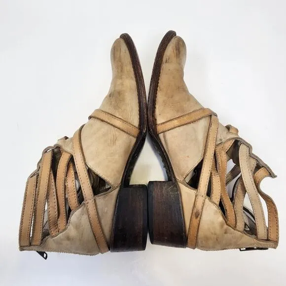 Freebird Women Stair Tan Leather Ankle Boots Booties Size 9M Distressed Strappy