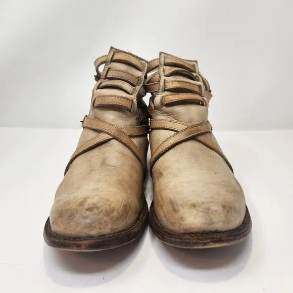 Freebird Women Stair Tan Leather Ankle Boots Booties Size 9M Distressed Strappy