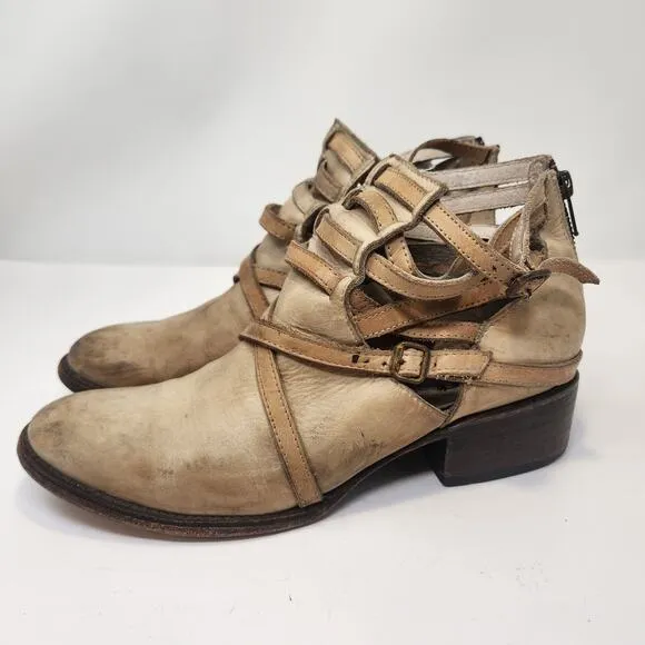 Freebird Women Stair Tan Leather Ankle Boots Booties Size 9M Distressed Strappy