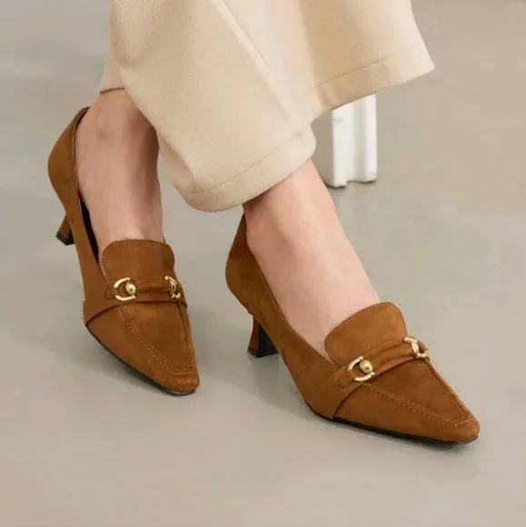 FRENCH RETRO BRITISH STYLE VELVET SQUARE TOE HIGH HEEL SHOES WITH METAL BUCKLE