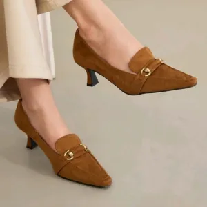 FRENCH RETRO BRITISH STYLE VELVET SQUARE TOE HIGH HEEL SHOES WITH METAL BUCKLE