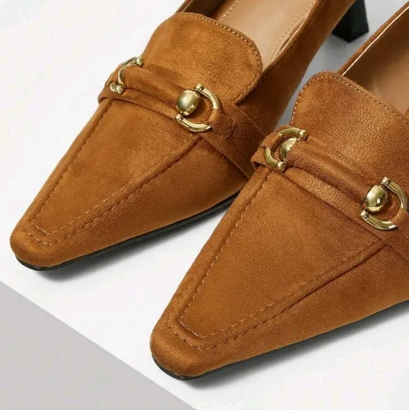 FRENCH RETRO BRITISH STYLE VELVET SQUARE TOE HIGH HEEL SHOES WITH METAL BUCKLE
