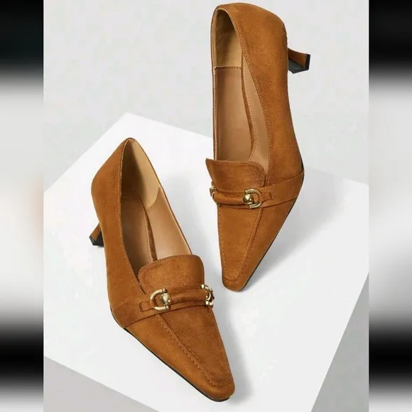 FRENCH RETRO BRITISH STYLE VELVET SQUARE TOE HIGH HEEL SHOES WITH METAL BUCKLE
