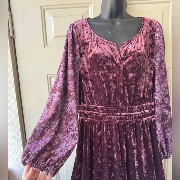 Frye and Co Burgundy Floral Velour Velvet Tiered Maxi Dress Women's Size L