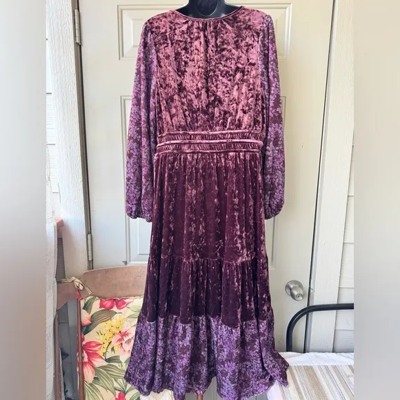 Frye and Co Burgundy Floral Velour Velvet Tiered Maxi Dress Women's Size L