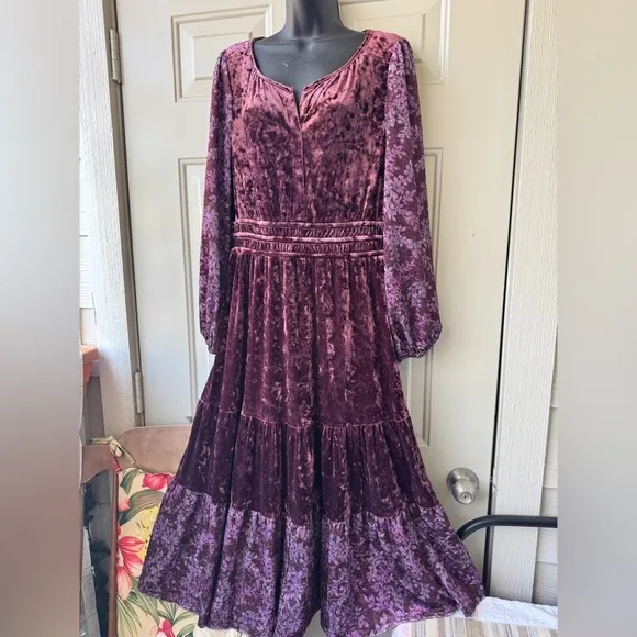 Frye and Co Burgundy Floral Velour Velvet Tiered Maxi Dress Women's Size L