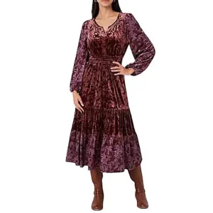 Frye and Co Burgundy Floral Velour Velvet Tiered Maxi Dress Women's Size L