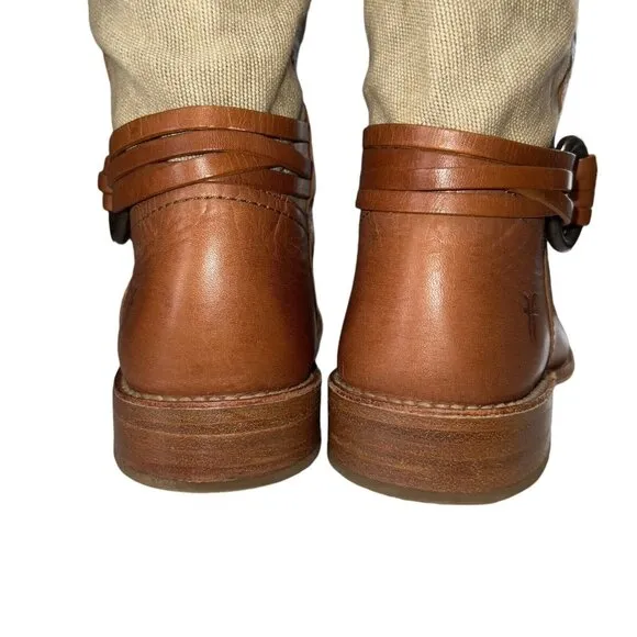 Frye Melissa Canvas and Leather Tall Boots Brown Tan Women Size 7 Buckle Pull On