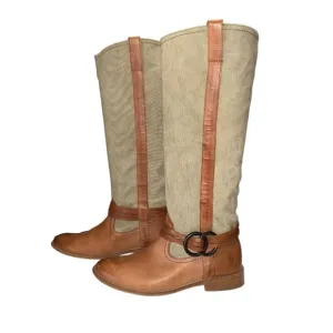 Frye Melissa Canvas and Leather Tall Boots Brown Tan Women Size 7 Buckle Pull On