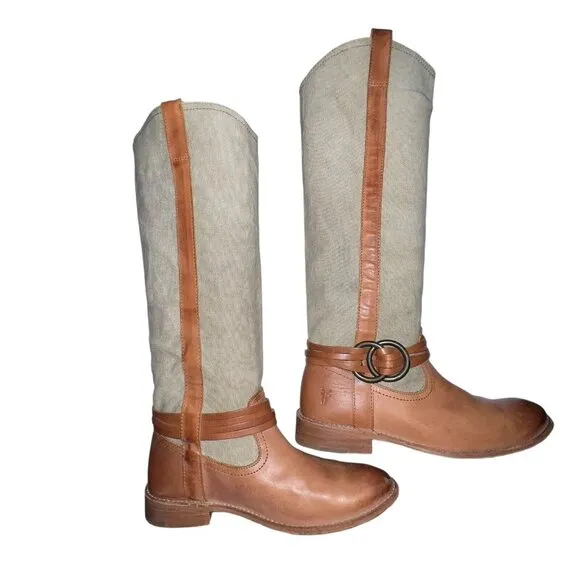 Frye Melissa Canvas and Leather Tall Boots Brown Tan Women Size 7 Buckle Pull On
