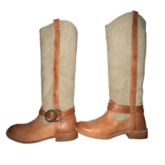Frye Melissa Canvas and Leather Tall Boots Brown Tan Women Size 7 Buckle Pull On