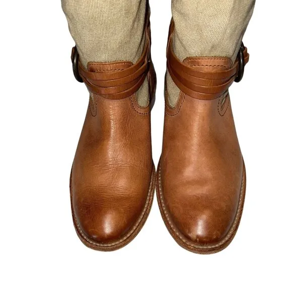 Frye Melissa Canvas and Leather Tall Boots Brown Tan Women Size 7 Buckle Pull On