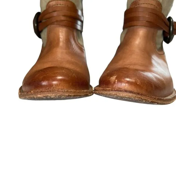 Frye Melissa Canvas and Leather Tall Boots Brown Tan Women Size 7 Buckle Pull On