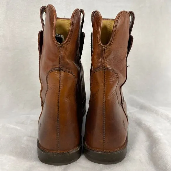 Frye Paige Short Riding Leather Ankle Boots Western Cowboy Pull On‎ Cognac 6.5