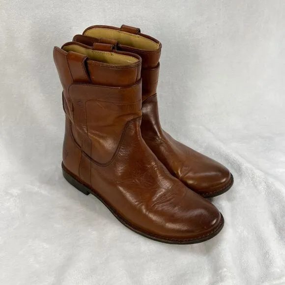 Frye Paige Short Riding Leather Ankle Boots Western Cowboy Pull On‎ Cognac 6.5