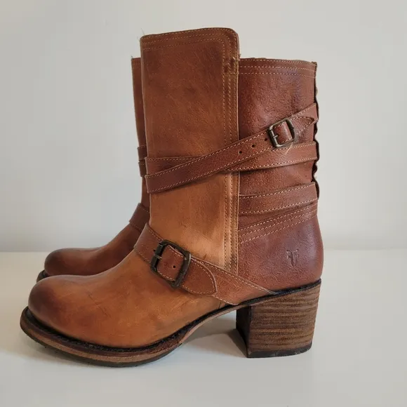 Frye Strappy Vera Moto Cowboy Boots Cognac Size 9 Model 76520 Western