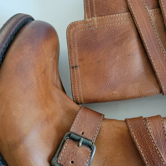 Frye Strappy Vera Moto Cowboy Boots Cognac Size 9 Model 76520 Western