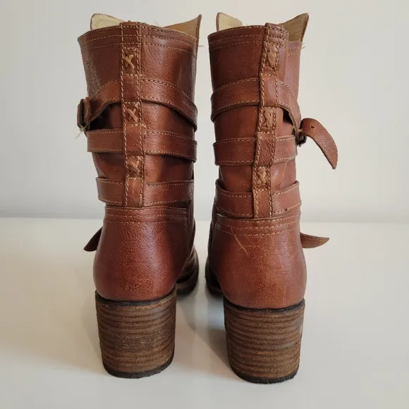 Frye Strappy Vera Moto Cowboy Boots Cognac Size 9 Model 76520 Western