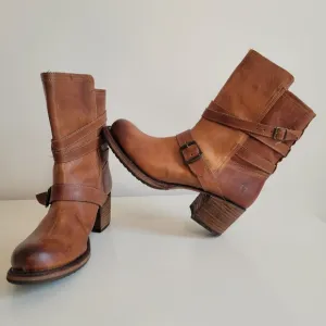 Frye Strappy Vera Moto Cowboy Boots Cognac Size 9 Model 76520 Western