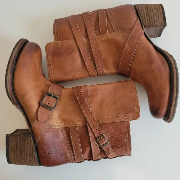 Frye Strappy Vera Moto Cowboy Boots Cognac Size 9 Model 76520 Western