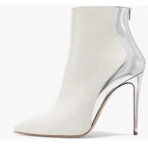 FSJ White Silver High Heel Ankle Boot Pointed Toe Stilettos Zipper Unique Shoes