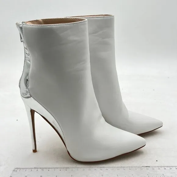 FSJ White Silver High Heel Ankle Boot Pointed Toe Stilettos Zipper Unique Shoes