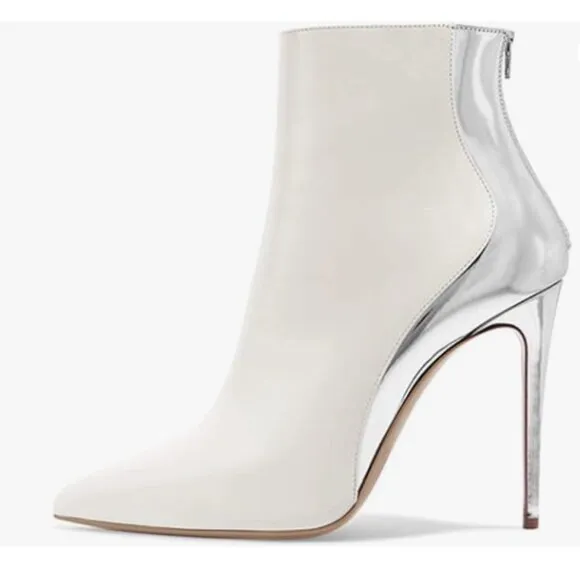 FSJ White Silver High Heel Ankle Boot Pointed Toe Stilettos Zipper Unique Shoes