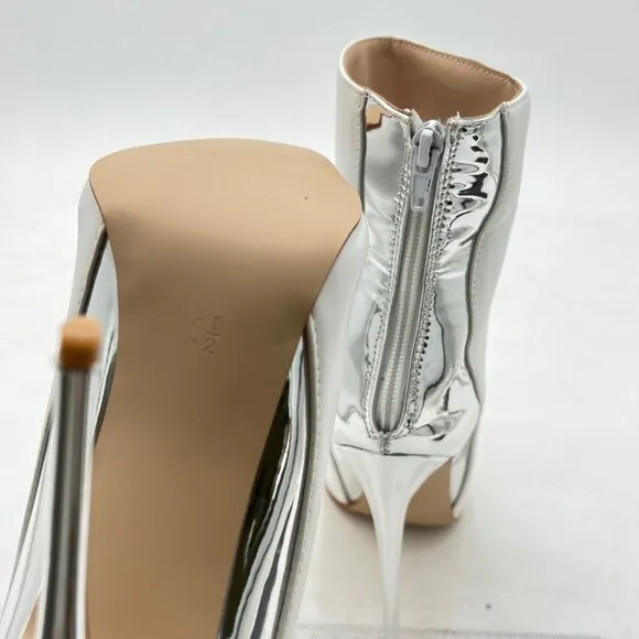 FSJ White Silver High Heel Ankle Boot Pointed Toe Stilettos Zipper Unique Shoes
