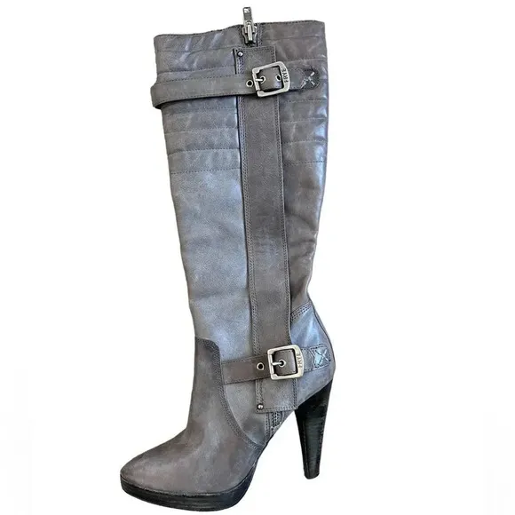 Fyre Women's Harlow Leather Tall Moto Gray Boots size 7.5M