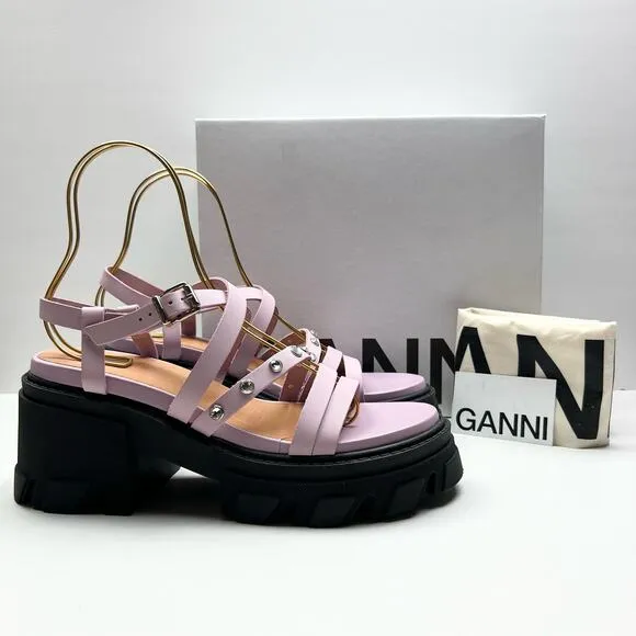 GANNI Crystal Embellished Strappy Block Heel Sandals EU 41 US 11 Pink Platform
