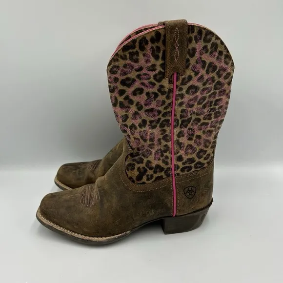 Girls Ariat Brown Leather and Cheetah Print Western Boots Size 1.5